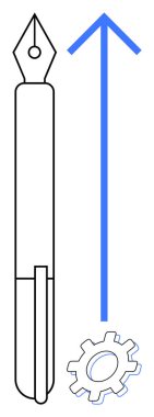 Dişli kalem ve yukarı doğru mavi ok yeniliği, ilerlemeyi, verimliliği ve yaratıcı büyümeyi simgeliyor. Eğitim, yazarlık, tasarım, kariyer, kişisel gelişim girişimcilik için ideal