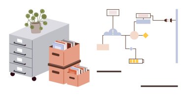 Dosya dolabı, depolama kutularındaki kitaplar ve enerji ve teknolojiyi birbirine bağlayan bir akış şeması. Ofis organizasyonu, iş akışı, bulut bağlantısı, veri depolama, üretkenlik, basit bir daire planlama için ideal