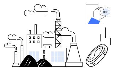 Duman yayan fabrika, endüstriyel karmaşıklık dişlileri el ele tutuşan DEFI etiketli madeni para. Finans, engelleme zinciri, ekonomi, ademi merkeziyet, endüstriyel sürdürülebilirlik yenilik temaları için idealdir. Basit.