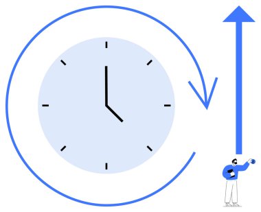 Dairesel oklu saat döngüsel zamanı, ilerlemeyi, yukarı doğru oku gösteren grafiği olan küçük bir insanı gösteriyor. Zaman yönetimi, büyüme, başarı, gelecek planlama, üretkenlik, verimlilik için ideal