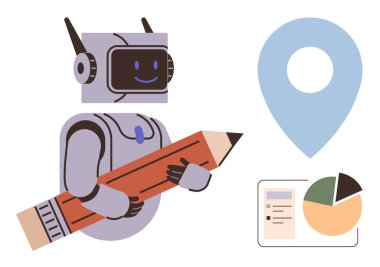 Robot, teknolojiyi, yaratıcılığı, veri organizasyonunu, haritayı, analitiği, karar verme mekanizmasını ve gelecekteki gelişmeleri sembolize eden bir konum işaretleyicisi ve pasta grafiğinin yanında büyük bir kalem taşıyor. İdeal