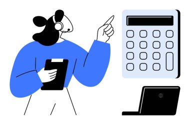 Bir pano takan, kulaklık takan, dizüstü bilgisayarın yakınındaki büyük hesap makinesini gösteren bir bayan temsilci. Müşteri desteği, finans, eğitim, takım çalışması, rehberlik, çevrimiçi öğrenim için ideal