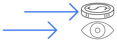 Madeni parayı ve gözü gösteren iki ok, parasal yönü, görüşü, odaklanmayı, ilerlemeyi ve gözetlemeyi temsil ediyor. Finans, pazarlama, planlama stratejisi analitik şeffaflığı için ideal