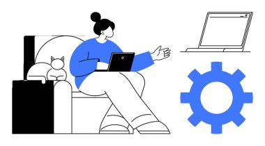 Kedi, dizüstü bilgisayar ve vites simgesinin yanındaki koltukta tablet kullanan bir kadın. Temalar için ideal iş-ev yaşam tarzı, teknoloji, üretkenlik, uzaktan çalışma, verimlilik, çoklu görev basit