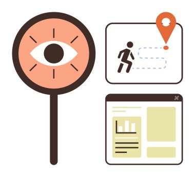 Büyüteç üzerinde bir göz, yolu olan bir lokasyon iğnesi ve analiz penceresi. Görüş, veri analizi, izleme, yolculuk haritası, navigasyon araştırması ve proje ilerlemesi için ideal. Basit düz