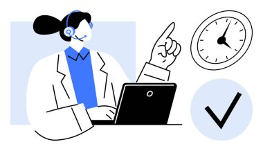 Kulaklık takan, dizüstü bilgisayarda çalışan bir kadın destek ajanı. Listesi olan bir saate bakıyor. Müşteri hizmetleri, görev yönetimi, zaman verimliliği, verimlilik, uzaktan çalışma, takım için ideal