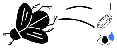 Siyah sinek, kıvrımlı çizgiler, bozuk para, mavi gözyaşı, göz yaşları bir dizi oluşturuyor. Kayıplar, keder, ekonomi, değer neden-sonuç duygusal tepkiler için ideal basit düz metafor