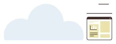 Minimalist bir tarayıcı penceresinin yanında veri grafikleri ve metinleri gösteren büyük bulut şekli. Teknoloji, veri depolama, çevrimiçi işbirliği, yazılım, analitik, bilişim çözümleri, modern yenilik için ideal