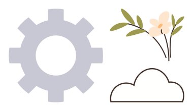 Çiçek açan bir dal ve minimum bulut şeklinin yanında vites sembolü. Doğa, teknoloji, sürdürülebilirlik, yenilik, büyüme, çevre, denge için ideal, basit düz metafor