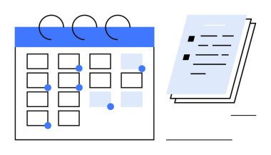 Yığılmış belgelerin yanında vurgulanmış tarihler, planlama, planlama ve teslim tarihlerinin yer aldığı takvim. Zaman yönetimi, proje planlaması, iş örgütü, verimlilik için ideal