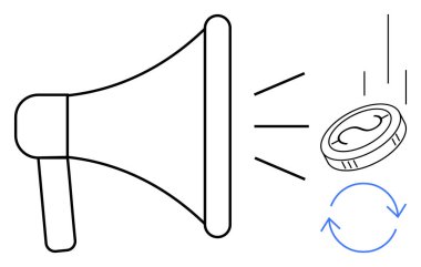 Ses yayan megafon, karı sembolize eden madeni para ve büyüme, strateji veya süreci gösteren oklar. Pazarlama, reklam, gelir stratejisi yatırım yeniliği için idealdir. Basit.