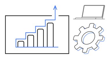 Yukarı doğru eğilimli çubuk grafik, mekaniği sembolize eden vites ve dijital çalışmayı öneren dizüstü bilgisayar. İş geliştirme, analitik, takım çalışması, teknoloji, strateji üretkenliği için ideal başarı. Basit.