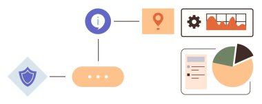 Kalkan simgesi veri işleme, konum bilgisi, grafikler ve raporlarla birlikte akış şemasına bağlanır. Siber güvenlik, veri analizi, işlem optimizasyonu, bilgi akışı, bilişim sistemleri verileri için ideal