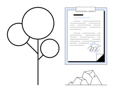 Minimalist ağaç, pano üzerinde imzalanmış bir anlaşma ve kayalar sürdürülebilirliği, yasal sözleşmeleri ve çevresel odaklanmayı sembolize ediyor. Çevre hukuku, doğa koruma, etki değerlendirmesi ve politika için ideal