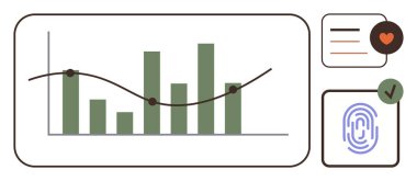 Üzerinde siyah çizgi grafiği olan yeşil çubuk çizelgesi, parmak izi simgesi, kalbi olan kontrol listesi ve onay işareti. Analiz, güvenlik, kimlik doğrulama, onay istatistik araştırma raporları için ideal. A