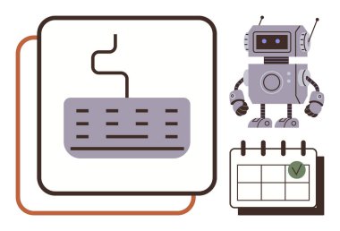 Kablolu klavye, antenli dost canlısı robot ve yeşil keneli kontrol listesi takvimi. Teknoloji, programlama, otomasyon, robotik, yapay zeka sistemleri için ideal, görev yönetimi basit düz