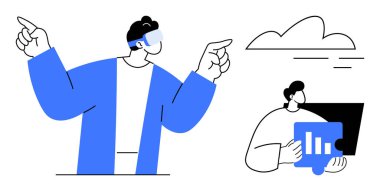 VR kulaklık takan biri, bir dizüstü bilgisayardaki analiz çizelgelerinin yanında bir buluta doğru hareket ediyor. Teknoloji, yenilik, fütürizm, analitik, takım çalışması, yaratıcılık ve ilerleme için ideal. Basit düz