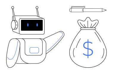 Üzerinde dolar işareti olan büyük para çantasını işaret eden antenli bir robot. Otomasyon, finans, tasarruf, teknoloji, yenilik, yapay zeka, yaratıcı çözümler için ideal