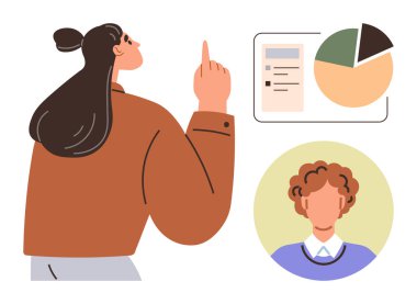 Bir kadın, video görüşmesinde bir meslektaşıyla konuşurken grafikle ve belgelerle bir tabloya işaret ediyor. Takım çalışması, sunum, analitik, iletişim, işbirliği, sanal için ideal