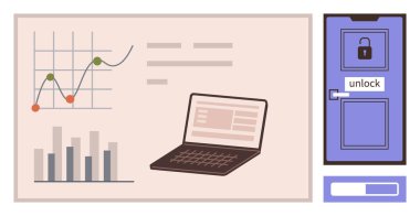 Grafikler, dizüstü bilgisayarlar, kilit açma seçeneği olan kilitli kapılar veri analizini, dijital mahremiyeti, erişim kontrolünü, üretkenliği, teknolojiyi, siber güvenlik başarısını sembolize ediyor. İş ve teknoloji için ideal.