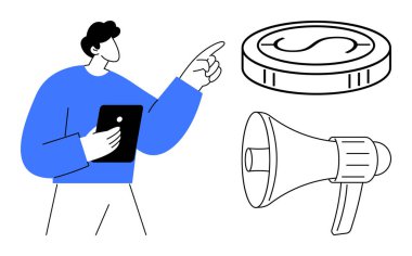 Elinde para ve megafona yönelik tablet jestler tutan genç adam, finans, pazarlama, iletişim, iş kararları, reklam stratejilerini sembolize ediyor. Finans, pazarlama ve reklam için ideal