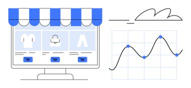 Satış verilerini analiz eden bir çizginin yanında ürün kategorileri ve alışveriş arabasının düğmeleriyle çevrimiçi mağaza önü. E-ticaret, pazarlama, iş stratejisi, veri analizi ve büyüme izleme için ideal