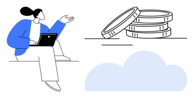 Kadın dizüstü bilgisayar kullanıyor, madeni paralar zenginliği simgeliyor, bulut teknolojisini simgeliyor. Fintech, yatırım, bulut hesaplama, dijital bankacılık, finansal planlama, girişimcilik için ideal düz metafor
