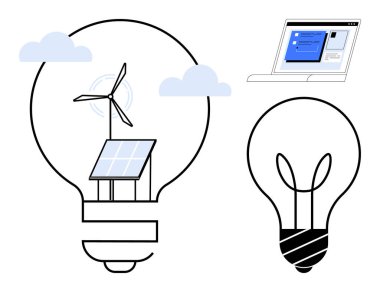 Rüzgar türbini ve güneş paneli kaplayan ampul ilave ampul ve yakınlarda çevrimiçi form. Enerji, sürdürülebilirlik, teknoloji, yenilik, çevre, temiz enerji için idealdir. Basit.
