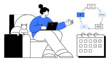 Yanında kedi olan bir kanepede dizüstü bilgisayar kullanan kişi, iş akışı şeması ve bir takvim. Görev planlaması, organizasyon, uzaktan çalışma, üretkenlik, zaman yönetimi, zamanlama, basit düz metafor