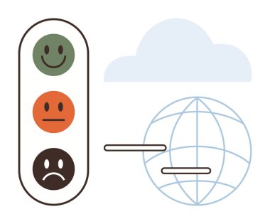 Küre ve bulutun yanında yeşil, turuncu ve kahverengi ifadeli dikey gülen yüz derecelendirmesi. Geri bildirim, küresel iletişim, analitik, müdahale, tatmin, değerlendirme için ideal basit