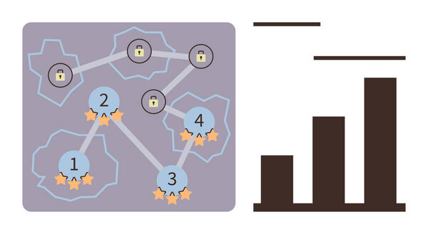 Пронумерованные уровни игры со звёздными рейтингами, подключенными в сети и заблокированными значками рядом со столбчатой диаграммой. Идеально подходит для игры, стратегии, прогресса уровня, достижения, планирования, аналитики и конкуренции