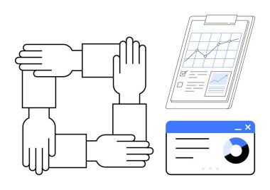 Takım çalışmasını sembolize eden dört el, performans grafikli pano, turta grafikli tarayıcı penceresi. Takım oluşturma, analiz, işbirliği, iş, strateji, organizasyon için ideal