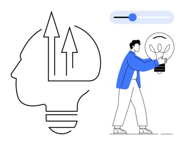 Ampul taşıyan adam fikirleri sembolize ediyor, kafasında büyüyen oklar var. Yaratıcılık, yenilik, liderlik, büyüme, fikirler, problem çözme, motivasyon için ideal basit düz metafor