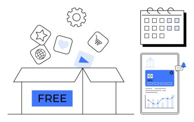 Kalp, alışveriş arabası, küre, ayarlar ikonları da dahil olmak üzere ücretsiz kutudan uygulamalar çıkıyor. Mobil ekranda dijital takvim ve analiz. Teknoloji, üretkenlik, planlama, organizasyon için ideal