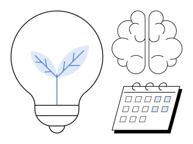 Bitki filizi, beyin ve takvimde yenilik, büyüme, planlama, sürdürülebilirlik, bilgi, yaratıcılık ve çevre dostu gelişimi aktaran ampul. Üretkenlik eğitimi için ideal