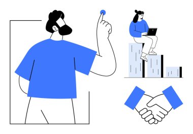 Profesyonel el sıkışmalar, karar veren erkekler, bar çizelgeleri üzerinde çalışan bir kadın. Takım çalışması, iş ortaklığı, işbirliği, analitik, liderlik, kilometre taşı pazarlığı için ideal