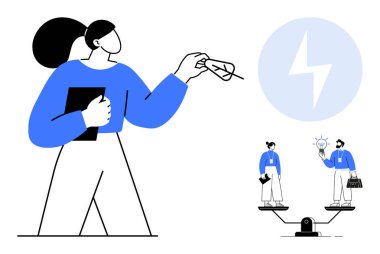 Kadın profesyonel defter ve kağıt yaprak tutuyor, bireyleri fikirlerle ve beyin fırtınalarıyla dengeleyen terazileri gözlemliyor. Takım çalışması, liderlik, karar verme, eşitlik, yaratıcılık için ideal