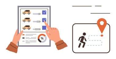 Eller araç seçeneklerini seçenekler listesiyle değerlendiriyor ve hedef işaretli rotayı gösteren bir haritanın yanında grafiğini çiziyor. Seyahat, planlama, hedefler, hareketlilik, lojistik ve karar verme için ideal