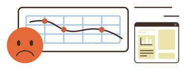 Veri noktalarıyla aşağıya doğru eğimli çizgi grafiği, kaygıları sembolize eden mutsuz yüz ve bir web sitesi arayüzü. Veri analizi, iş kaybı, başarısızlık, analitik, ekonomik kriz ve finans için ideal. A