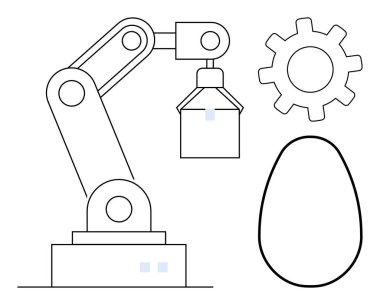 Minimalist robotik kol kaldırma objesi vites ve yumurta şeklinin yanında. Teknoloji, otomasyon, imalat, üretim, robot bilimi, yenilik, verimlilik kavramları için ideal. Basit düz metafor