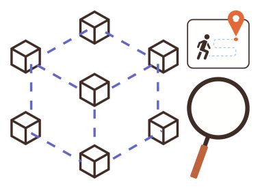 Blockchain 'i temsil eden bağlı küplerden oluşan bir ağ, rotalı navigasyon işaretleyicisi ve bir büyüteç. Teknoloji, veri analizi, yenilik, izleme, araştırma ve bağlantı için ideal