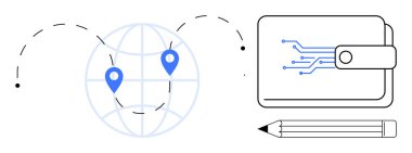 Dijital devreli cüzdan, lokasyon iğneli dünya ve yenilik, bağlantı ve dijital finansal çözümleri temsil eden bir kalem. Teknoloji, finans, küresel ticaret ve eğitim için ideal