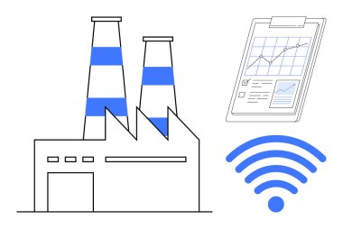 Çift bacalı sanayi fabrikası, büyüme grafikli analitik panosu ve kablosuz ikonu. Sektör 4.0 için ideal, otomasyon, teknoloji, bağlantı, veri yönetimi akıllı üretim