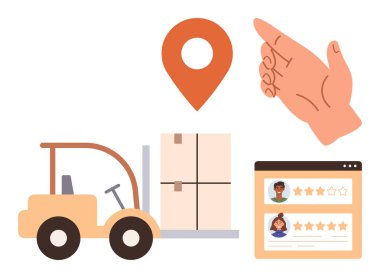 Forklift kutuları taşıyor, harita şifreli sinyaller veriyor, beş yıldızlı müşteri değerlendirme platformunu işaret ediyor. Teslimat, tedarik zinciri, lojistik, ürün değerlendirmesi, müşteri hizmetleri, e-ticaret için ideal
