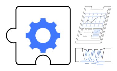 Sistemleri ve çözümleri sembolize eden yapboz parçasının içindeki teçhizat, veri analizi eğilimleriyle çizelge, süreç adımları için akış diyagramı. Strateji, optimizasyon, planlama, takım çalışması, analitik için ideal