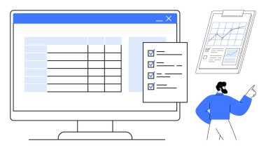 Kontrol listesi ve bilgisayar ve not panosundaki performans raporlarını inceleyen kişi. Görev planlama, hedef izleme, proje yönetimi, veri gözden geçirme, işyeri organizasyonu, performans izleme için ideal