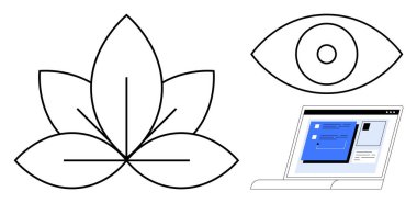 Nilüfer çiçeği, göz ve bilgisayar ekranı farkındalık, gözlem ve dijital etkileşimi vurguluyor. Sağlık, odaklanma, verimlilik teknolojisi meditasyonu kişisel gelişim için idealdir. Basit.