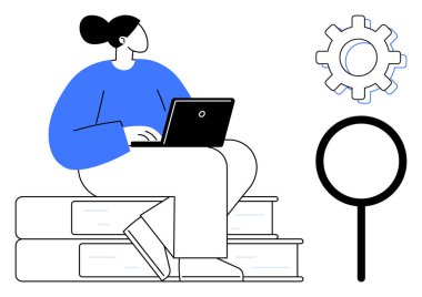 Dizüstü bilgisayarda çalışan biri, kitapların üzerine oturmuş, vites ve büyüteçle birlikte. Eğitim, araştırma, teknoloji, yenilik, kendini geliştirme, problem çözme, dijital öğrenme için ideal