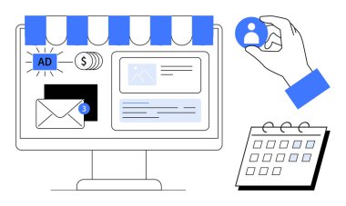 Masaüstü mağaza önü, kullanıcı profili el, e-posta uyarısı, dolar desteleri ve takvim. Pazarlama, e-ticaret, reklam planlama müşteri sözleşmesi çevrimiçi iş satışları için ideal. Basit düz