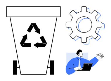 Okları olan geri dönüşüm kutusu, çark sembolize etme süreci ve dizüstü bilgisayarda çalışan iş adamı. Sürdürülebilirlik, iş akışı, süreç yönetimi, verimlilik, ekoloji, takım çalışması yeniliği için ideal